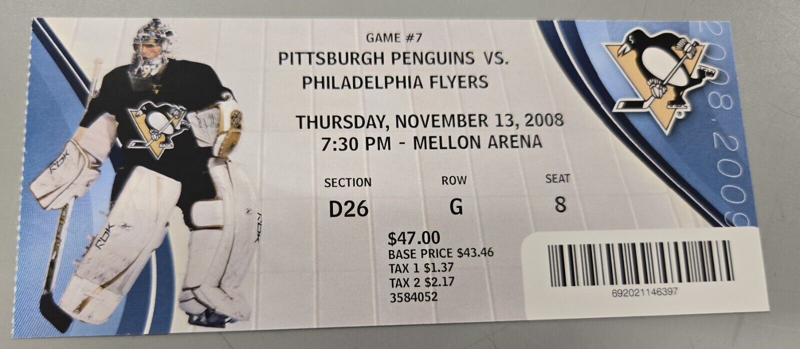 Nov 13 2008 Flyers @ Pittsburgh Penguins Ticket Malkin + Crosby (2) Goal