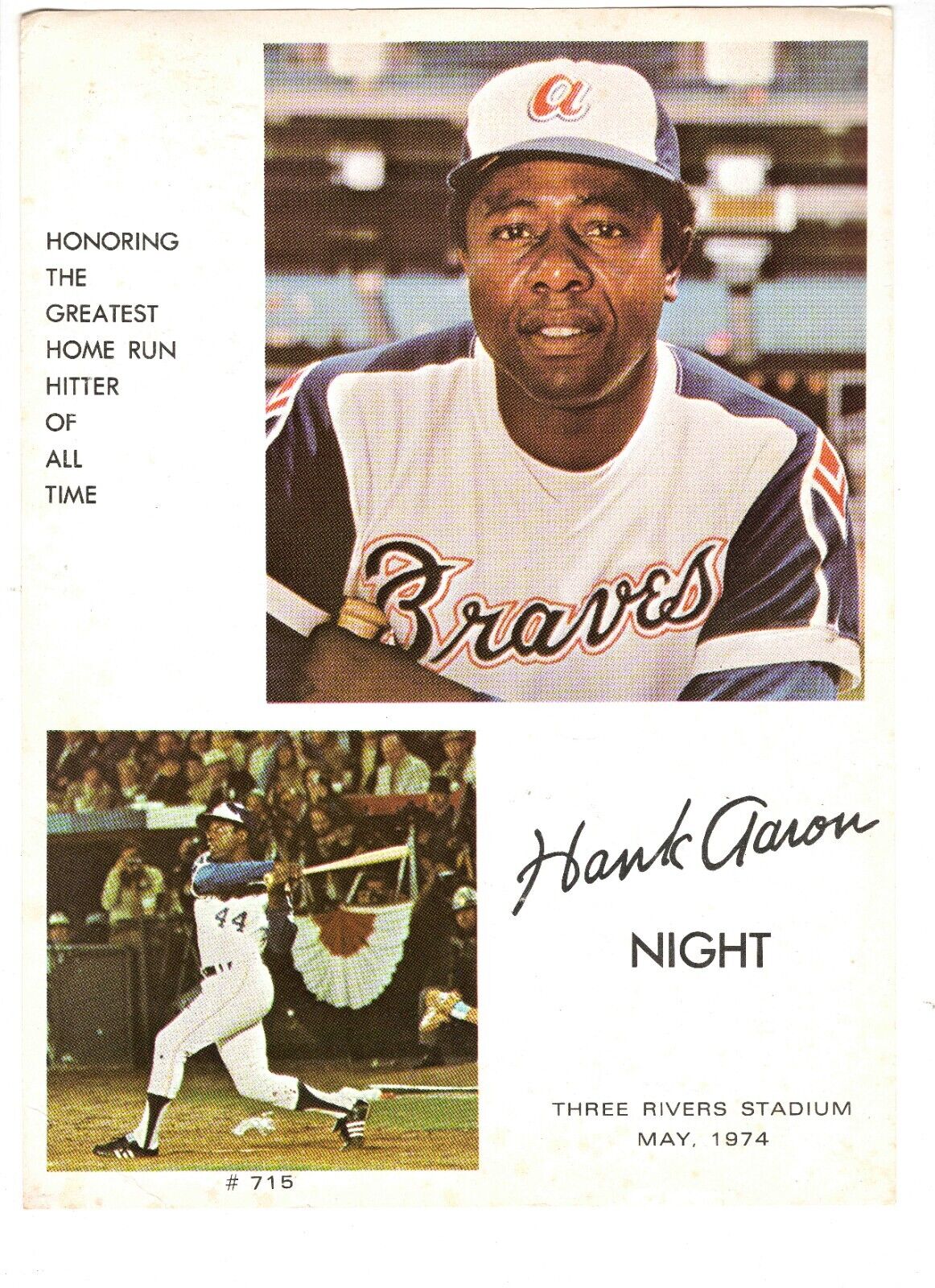 VINTAGE 1974 Hank Aaron Night Three Rivers Stadium Photo Pirates Braves