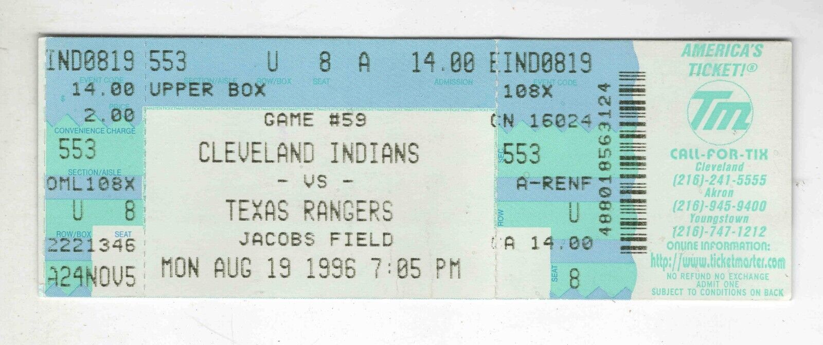 Aug 19 1996 Cleveland Indians Texas Rangers Ticket Albert Belle 40th HR