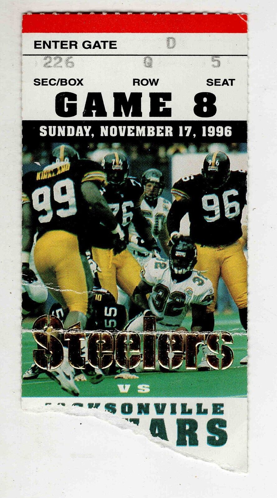 Nov 17 1996 Jacksonville @ Pittsburgh Steelers Ticket Jerome Bettis 53 Yds/1 TD