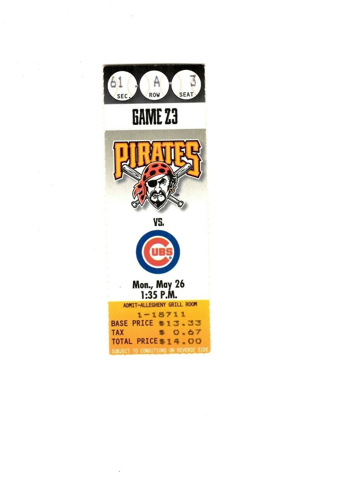 May 26 1997 Chicago Cubs @ Pittsburgh Pirates Ticket Sammy Sosa HR