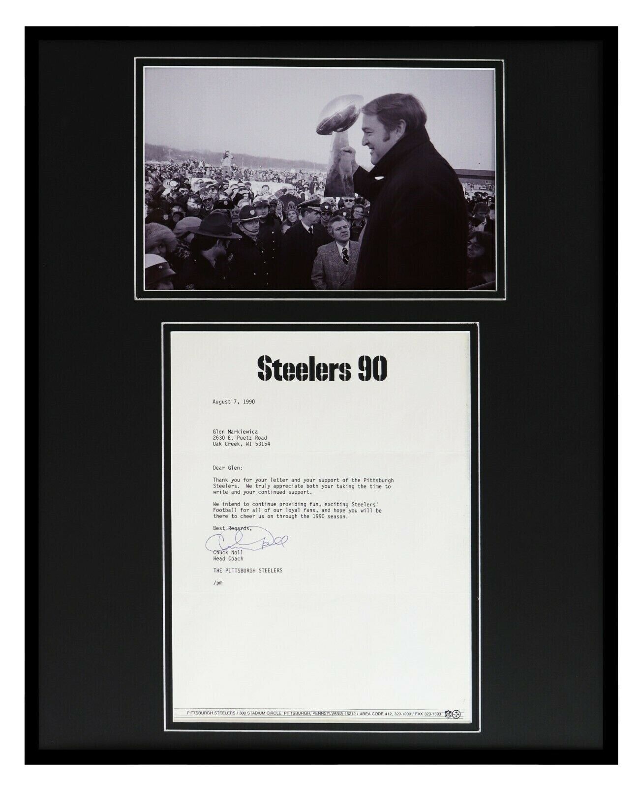 Chuck Noll Signed Framed 16x20 1990 Typed Letter & Photo Display Steelers