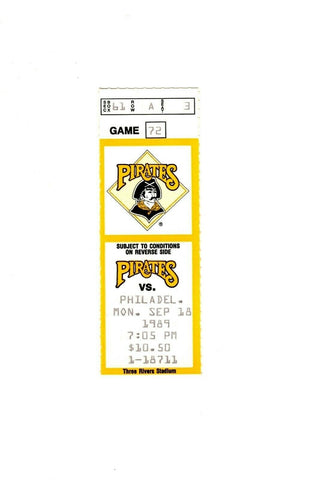 Sep 18 1989 Philadelphia Phillies @ Pittsburgh Pirates Ticket Bonilla 3 Hits