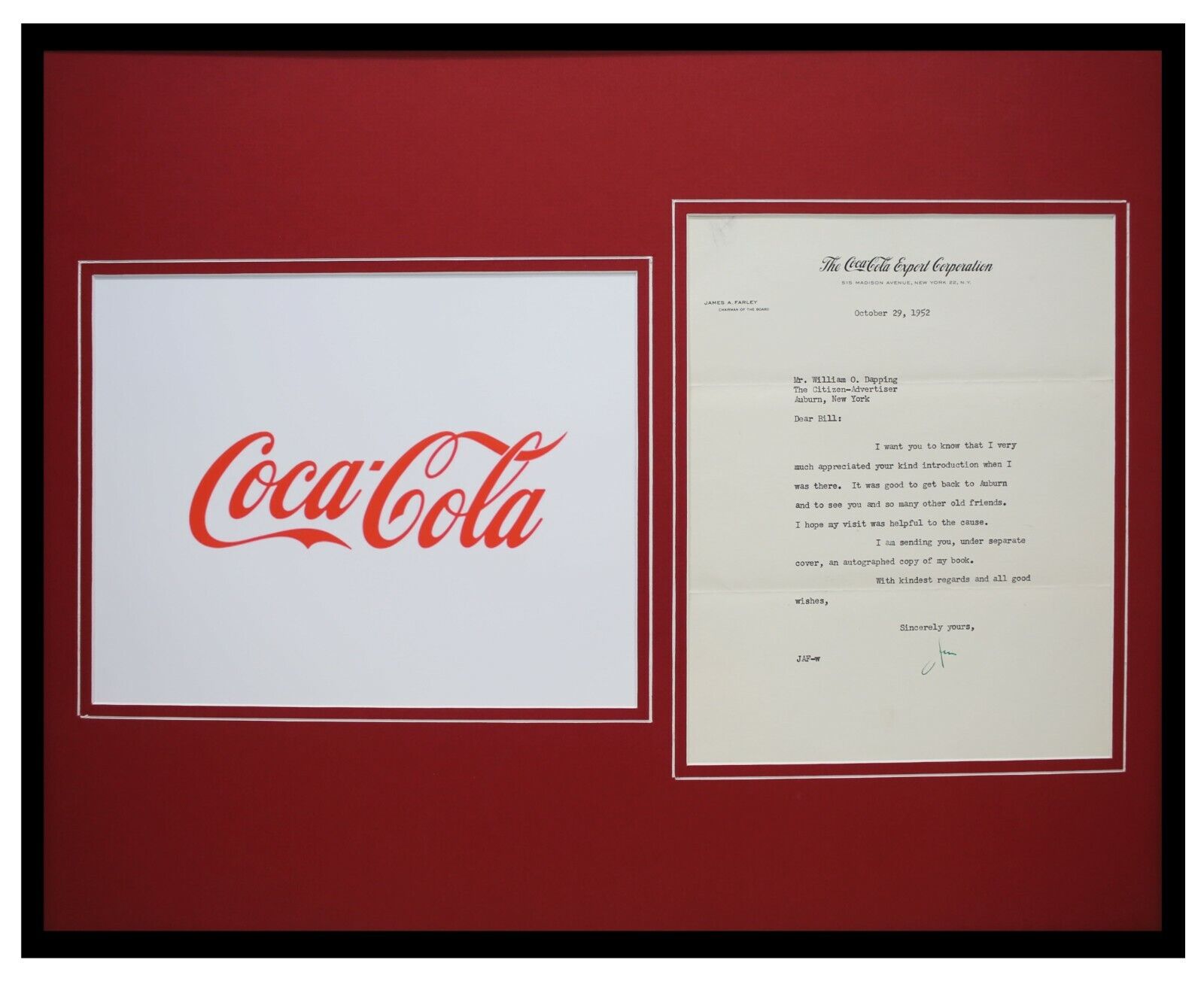 James A Farley Coca Cola Coke Signed Framed 1952 Letter & Photo Display 16x20 