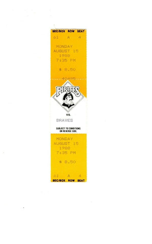 Aug 15 1988 Atlanta Braves @ Pittsburgh Pirates Ticket Barry Bonds Bonilla