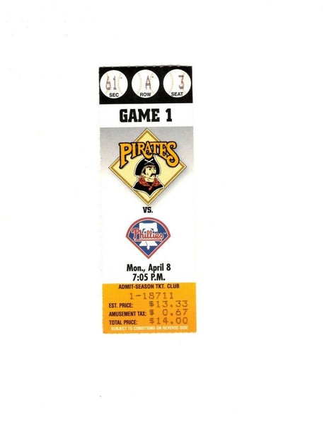 Apr 8 1996 Philadelphia Phillies @ Pittsburgh Pirates Ticket Home Opener