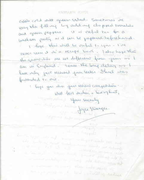 Joyce Stranger Signed Handwritten Letter & Salmon Casserole Recipe