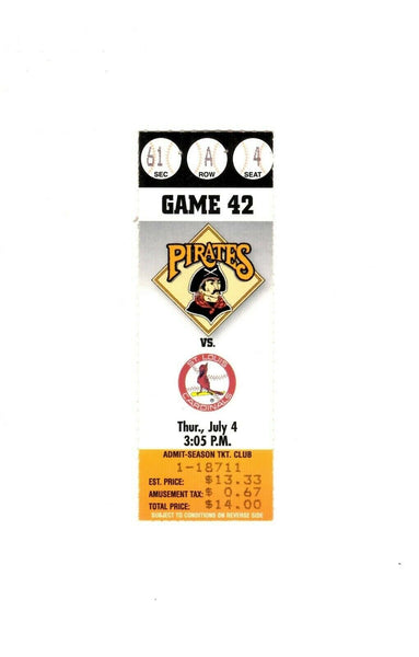 July 4 1996 St Louis Cardinals @ Pittsburgh Pirates Ticket Brian Jordan HR 4 RBI