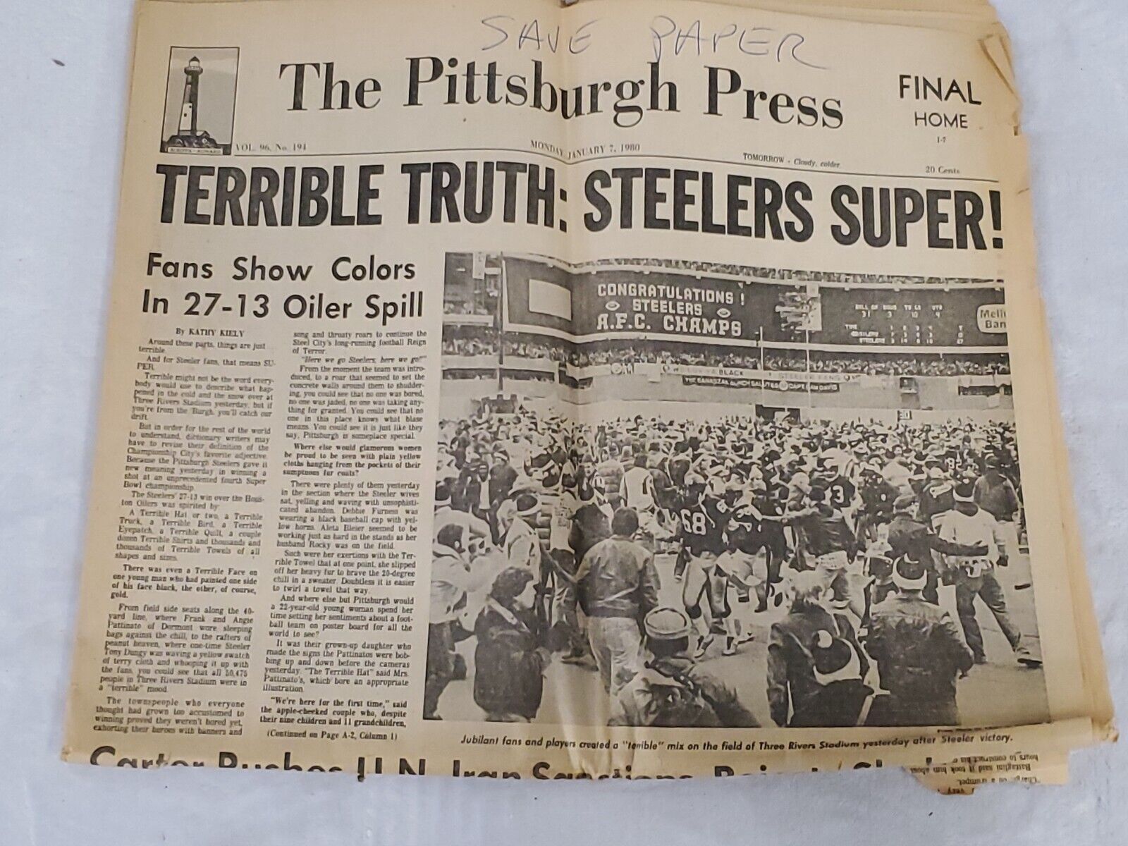 VINTAGE Jan 7 1980 Pittsburgh Press Newspaper Steelers AFC Champions