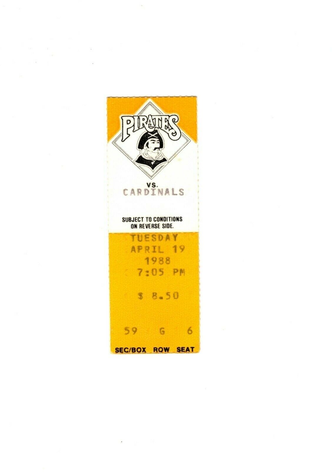 Apr 19 1988 St Louis Cardinals @ Pittsburgh Pirates Ticket Barry Bonds