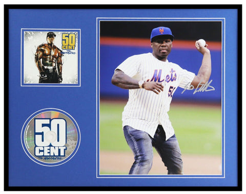 50 Cent Signed Framed 16x20 Mets 1st Pitch Photo + CD Set 