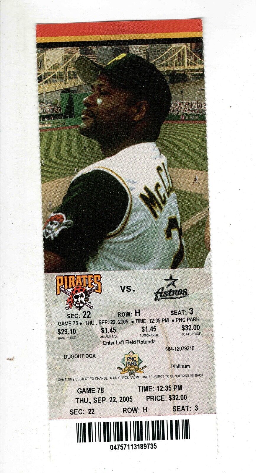 Sep 22 2005 Houston Astros @ Pittsburgh Pirates Ticket