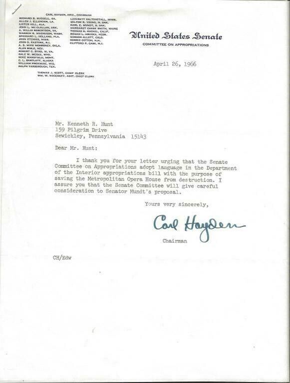 Carl Hayden Signed 1966 Typed Letter on US Senate Letterhead