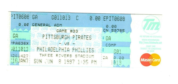 June 8 1997 Philadelphia Phillies @ Pittsburgh Pirates Ticket Curt Schilling Win