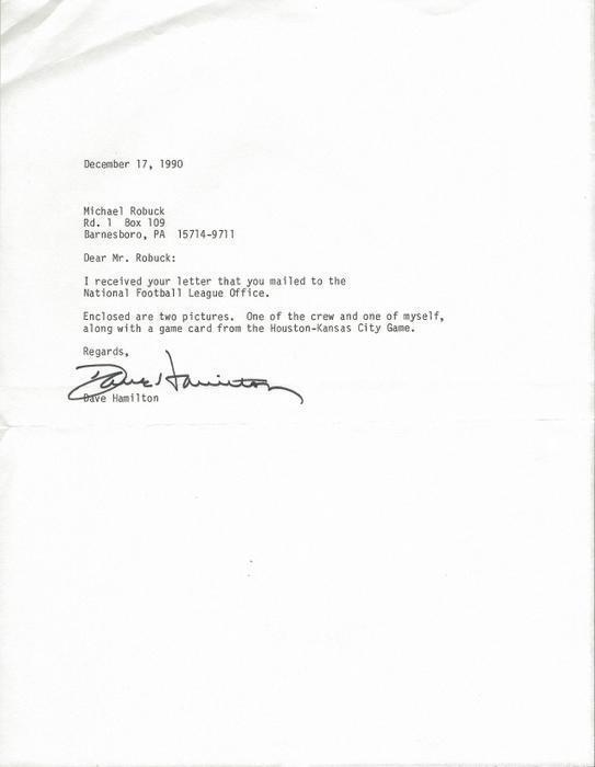 Dave Hamilton Signed 1990 Typed Letter NFL Umpire