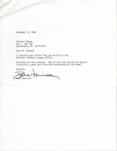 Dave Hamilton Signed 1990 Typed Letter NFL Umpire