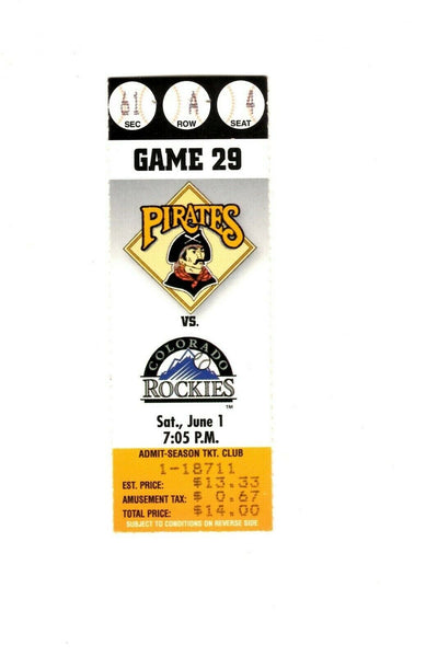 June 1 1996 Colorado Rockies @ Pittsburgh Pirates Ticket Larry Walker Bichette