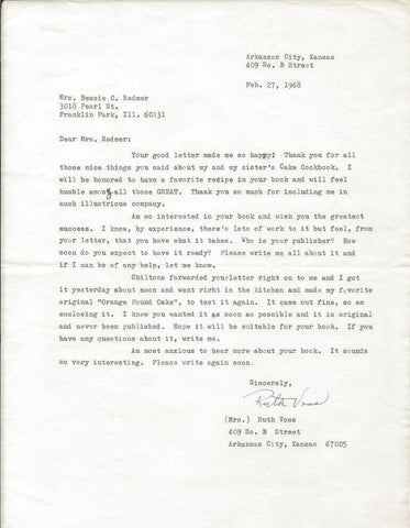 Ruth Voss Signed 1968 Typed Letter & Orange Pound Cake Recipe