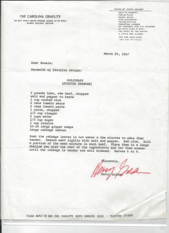 Harry Golden Signed 1967 Typed Letter & Stuffed Cabbage Recipe