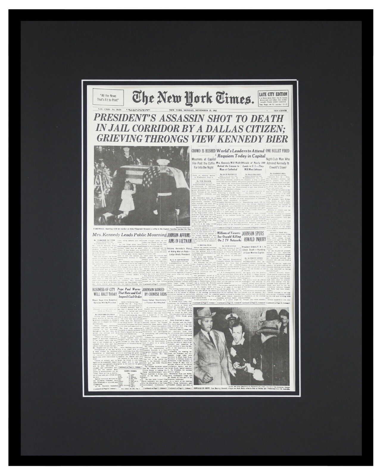 New York Times Nov 25 1963 Framed 16x20 Front Page Poster John F Kennedy JFK