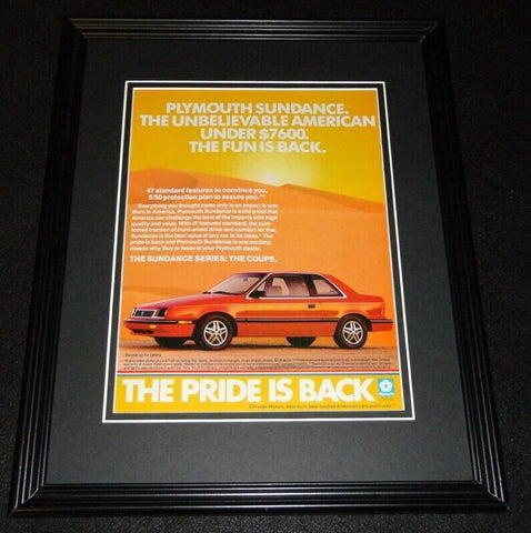 1987 Plymouth Sundance Framed 11x14 ORIGINAL Vintage Advertisement