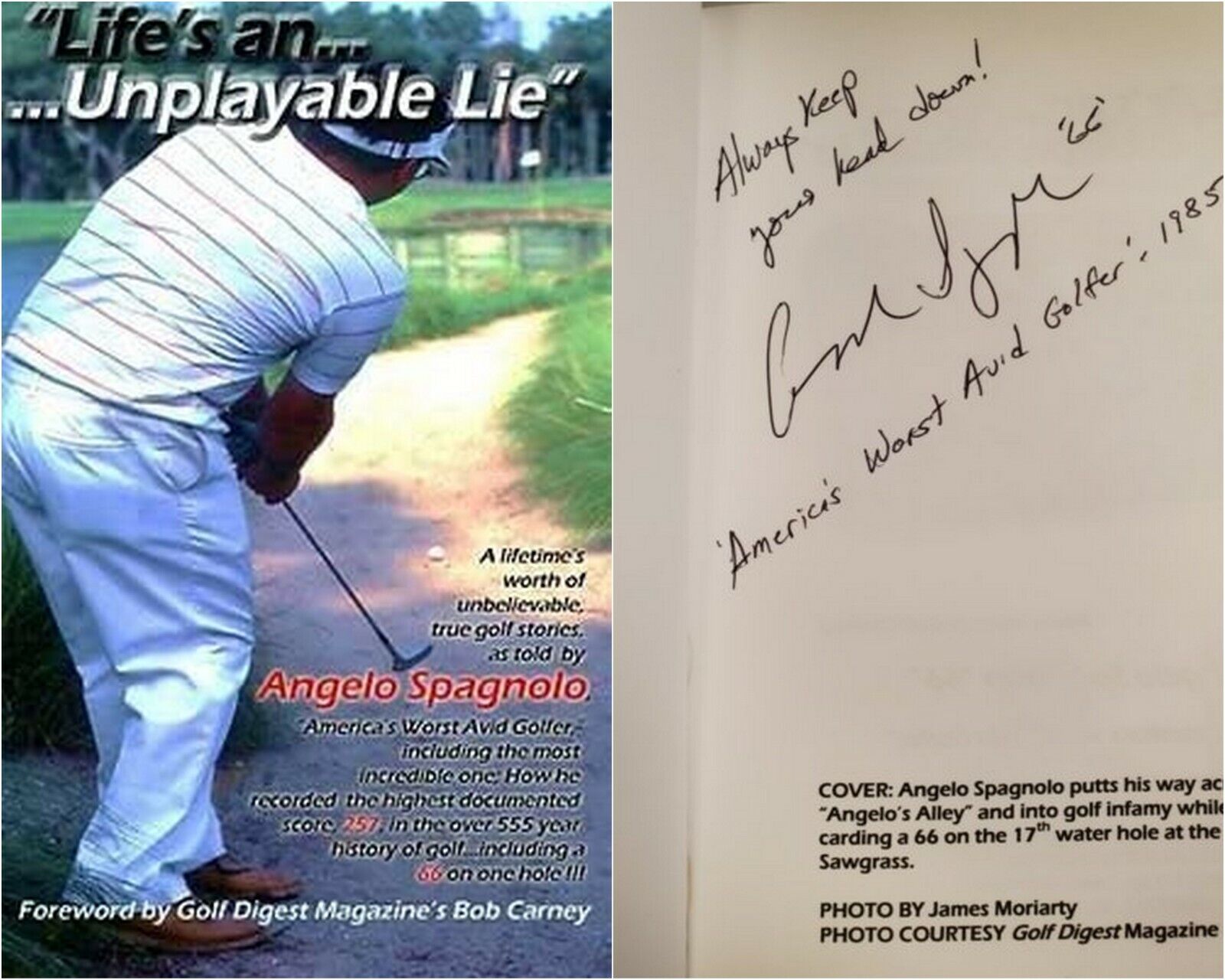 Angelo Spagnolo America's Worst Avid Golfer Signed Book Life's An Unplayable Lie