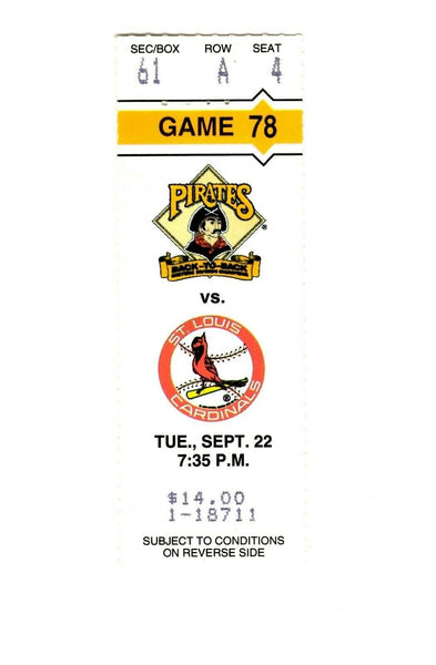 Sep 22 1992 St Louis Cardinals @ Pittsburgh Pirates Ticket Barry Bonds Van Slyke