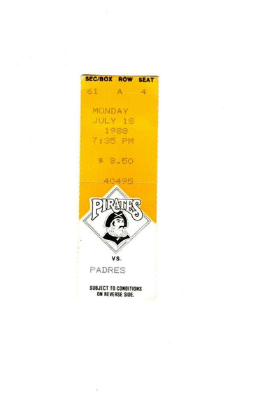 July 18 1988 San Diego Padres @ Pittsburgh Pirates Ticket Three Rivers Stadium