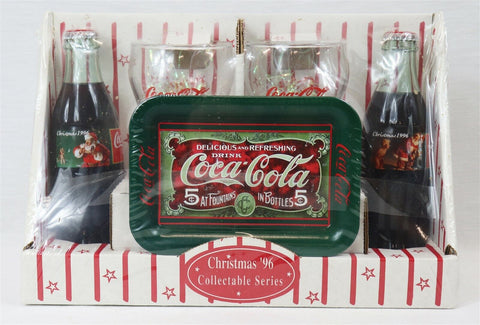 VINTAGE SEALED 1996 Coca Cola Christmas Collector's Set w/ 2 bottles + glasses