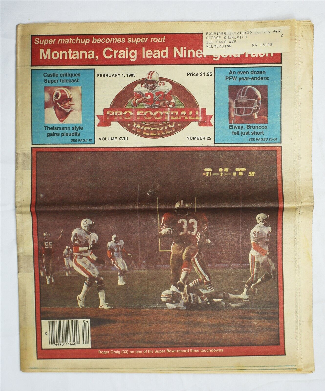  VINTAGE Feb 1 1985 Pro Football Weekly Magazine Joe Montana 49ers Super Bowl