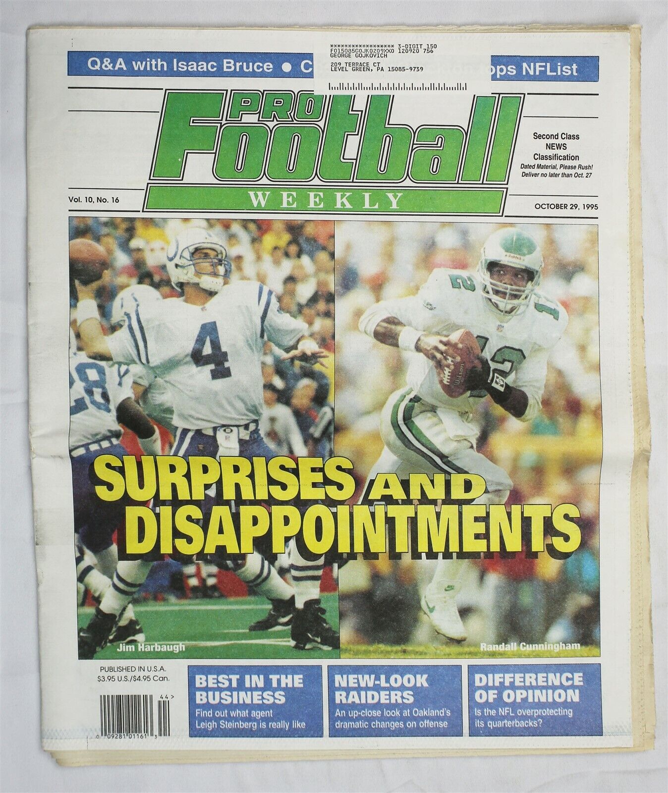  VINTAGE Oct 29 1995 Pro Football Weekly Magazine Jim Harbaugh R Cunningham