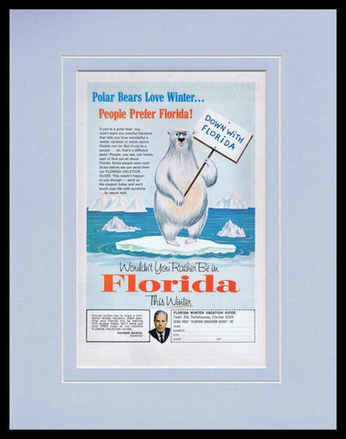 1965 Florida Polar Bear Haydon Burns Framed 11x14 ORIGINAL Vintage Advertisement