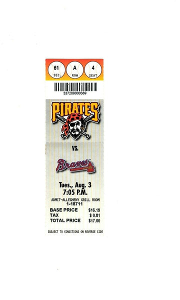 Aug 3 1999 Atlanta Braves @ Pittsburgh Pirates Ticket Brian Giles 2 HR