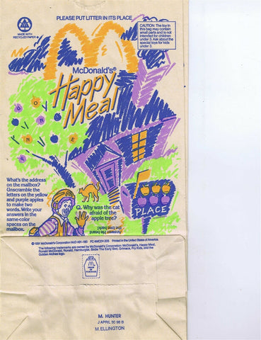 ORIGINAL Vintage 1991 McDonald's Happy Meal Bag Ronald Hamburglar