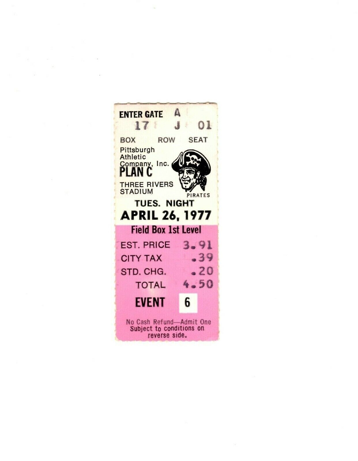 Apr 26 1977 Philadelphia Phillies @ Pittsburgh Pirates Ticket Schmidt Stargell