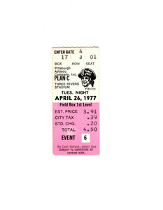 Apr 26 1977 Philadelphia Phillies @ Pittsburgh Pirates Ticket Schmidt Stargell