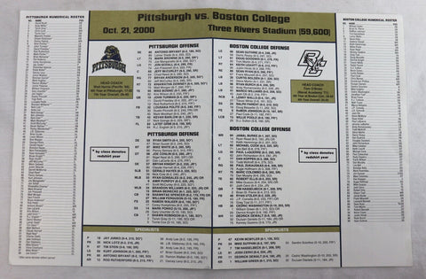 ORIGINAL Vintage Oct 21 2000 Boston College @ Pitt Lineup Card Antonio Bryant