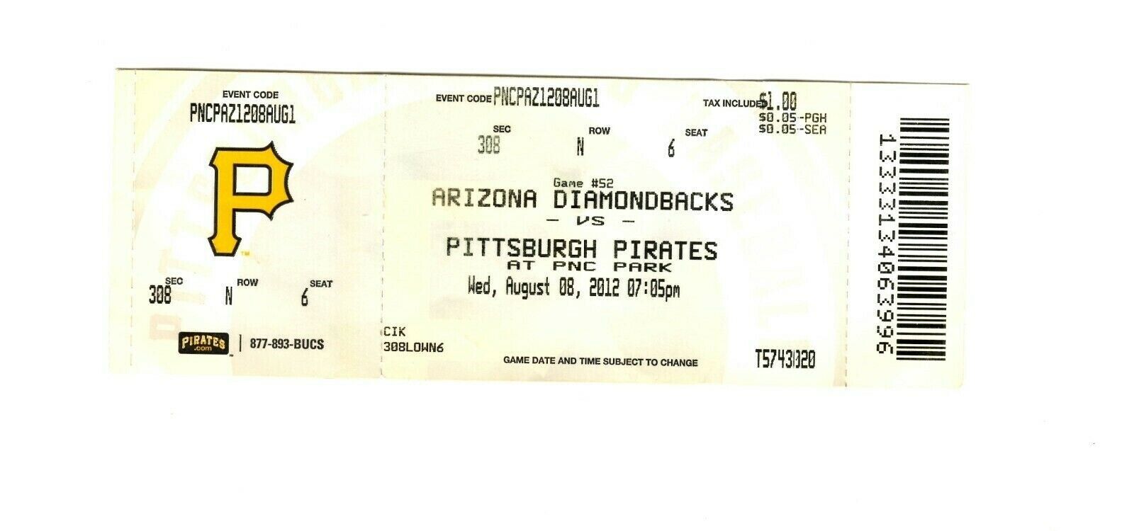 Aug 8 2012 Arizona Diamondbacks @ Pittsburgh Pirates Ticket Neil Walker HR 5 RBI