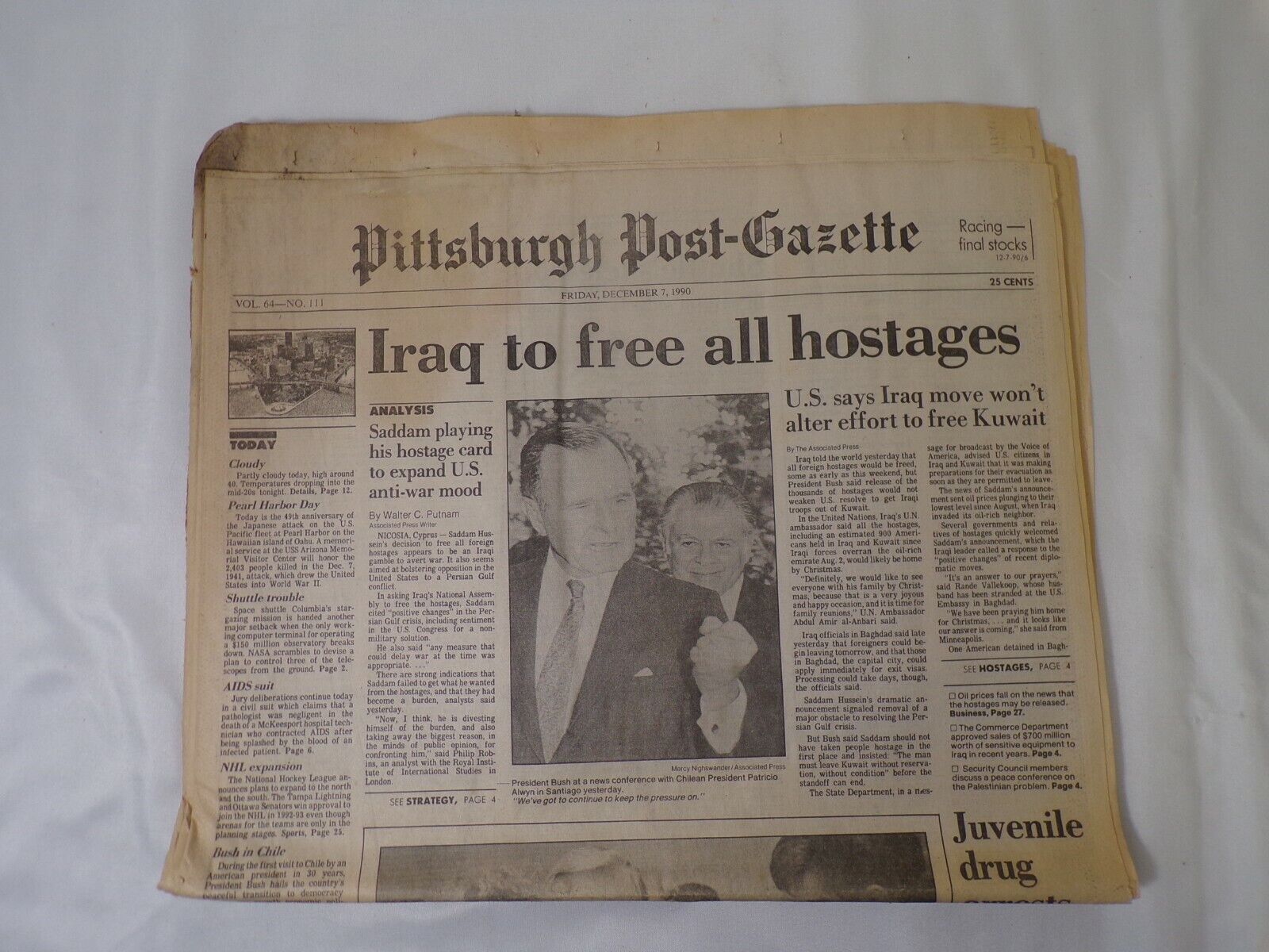 ORIGINAL Pgh Post Gazette Newspaper December 7 1990 Desert Storm George Bush