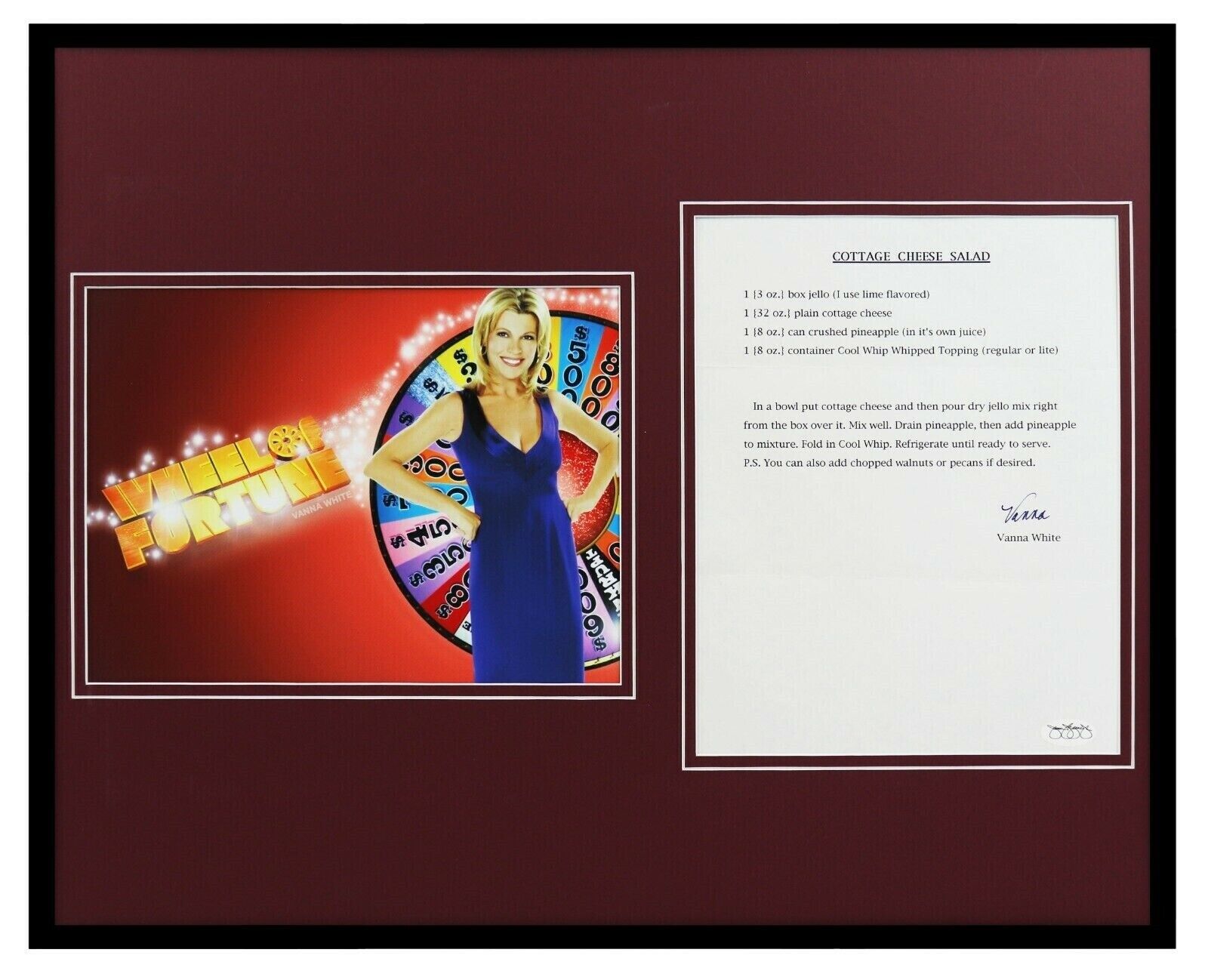 Vanna White Signed Framed 16x20 Recipe & Photo Display JSA Wheel of Fortune