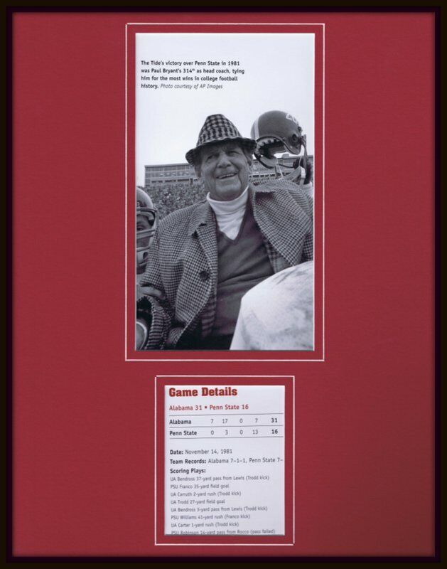 1981 Alabama vs Penn State Bear Bryant 314th Win Framed 11x14 Photo Display