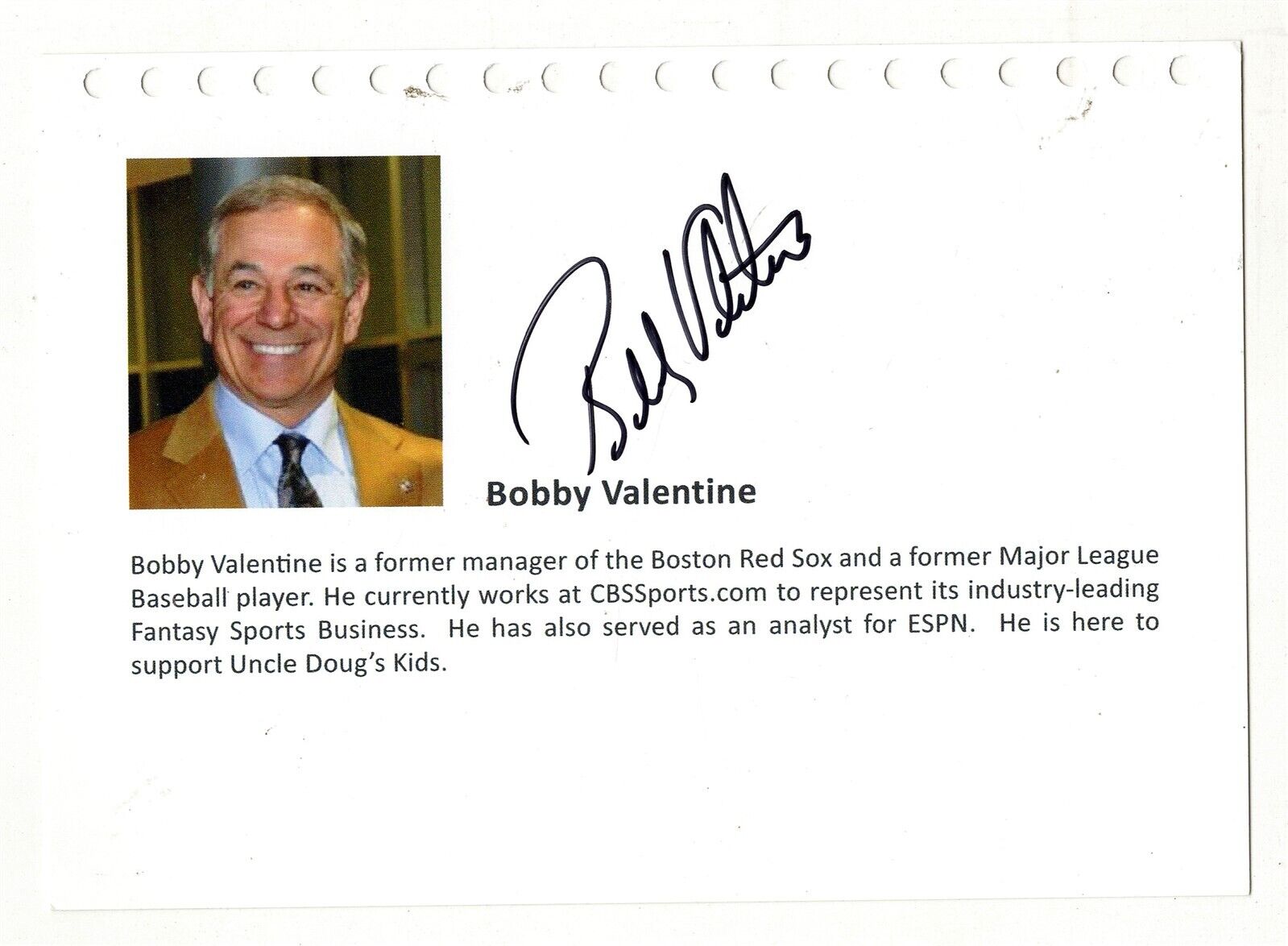 Bobby Valentine Signed 5x7 Photo Card NY Mets Red Sox