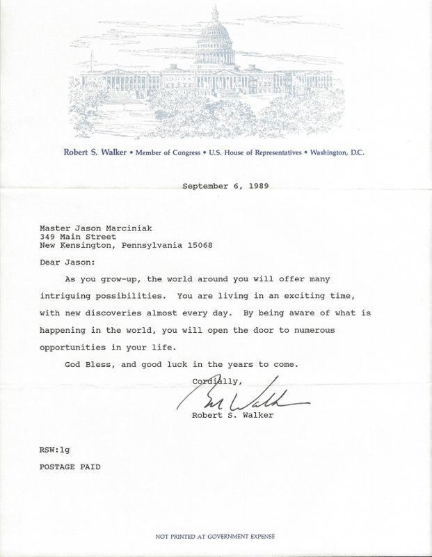 Congressman Robert Bob Walker Signed 1989 Typed Letter