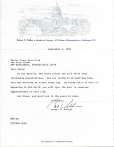 Congressman Robert Bob Walker Signed 1989 Typed Letter