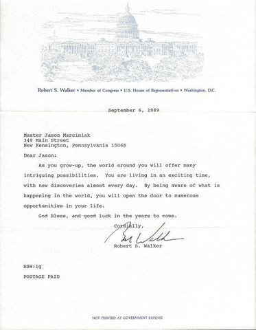 Congressman Robert Bob Walker Signed 1989 Typed Letter