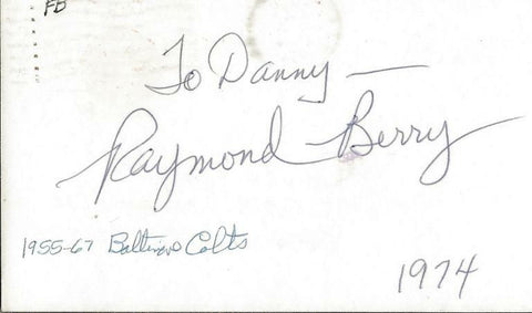 Raymond Berry 1974 Signed 3x5 Index Card Colts