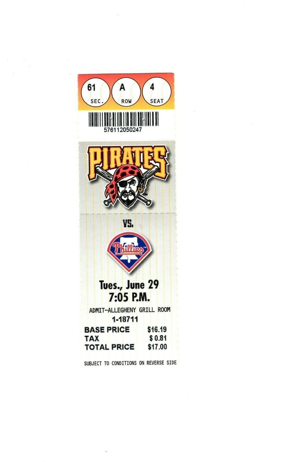 June 29 1999 Philadelphia Phillies @ Pittsburgh Pirates Ticket Curt Schilling W