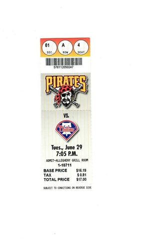 June 29 1999 Philadelphia Phillies @ Pittsburgh Pirates Ticket Curt Schilling W