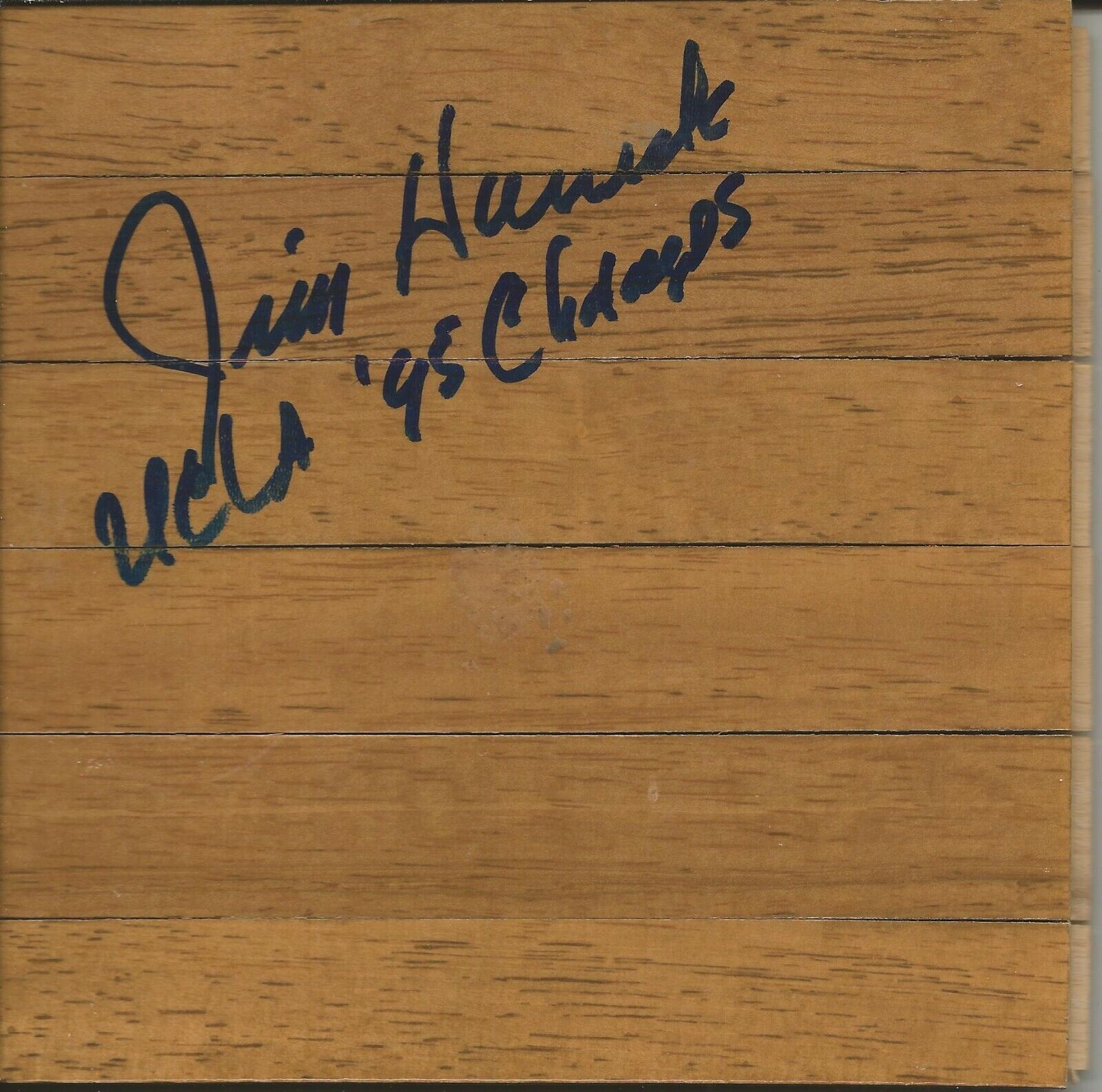 Coach Jim Harrick Signed 6x6 Floorboard UCLA 95 Champs Inscription