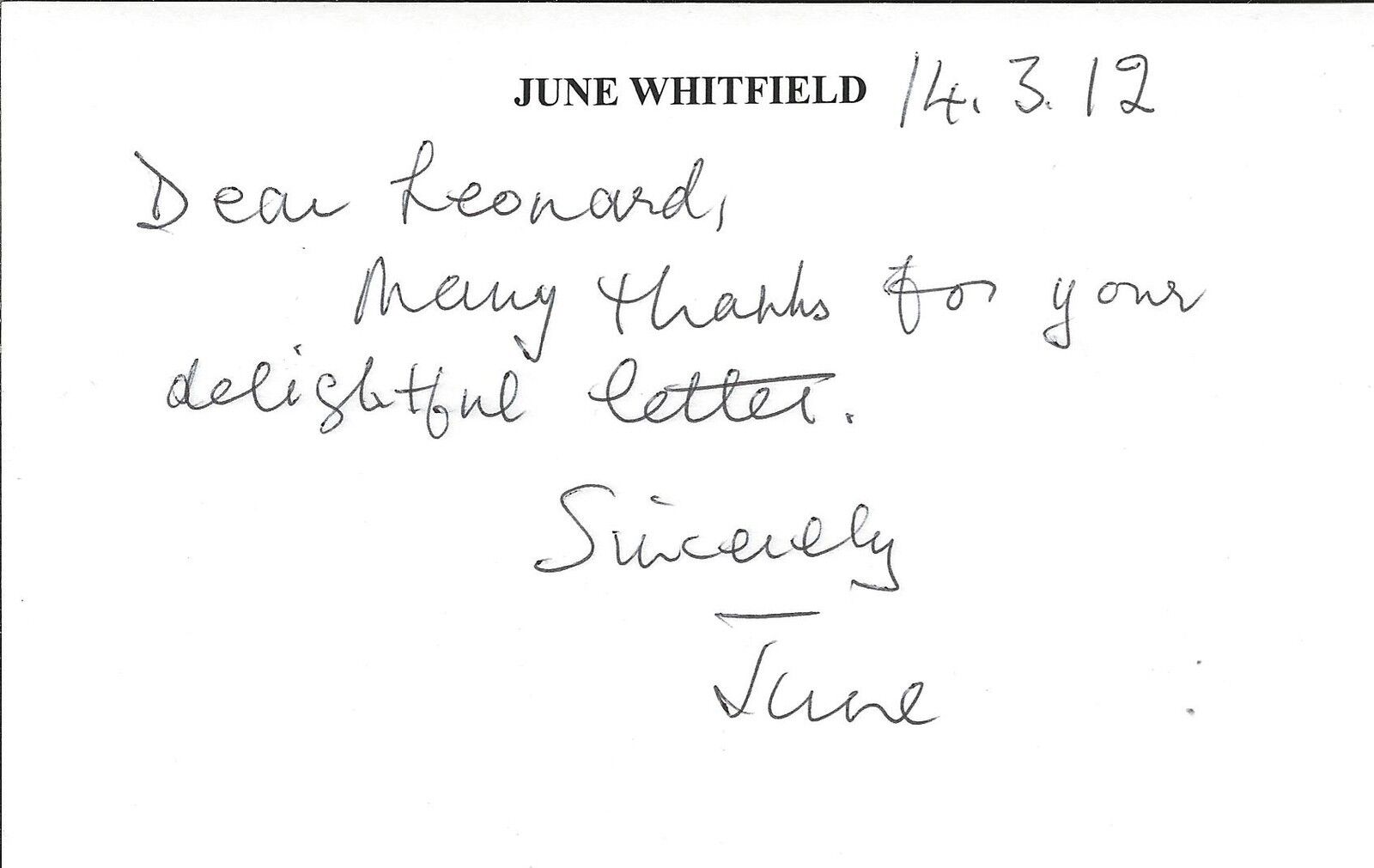 June Whitfield Signed Handwritten 2012 Note Absolutely Fabulous